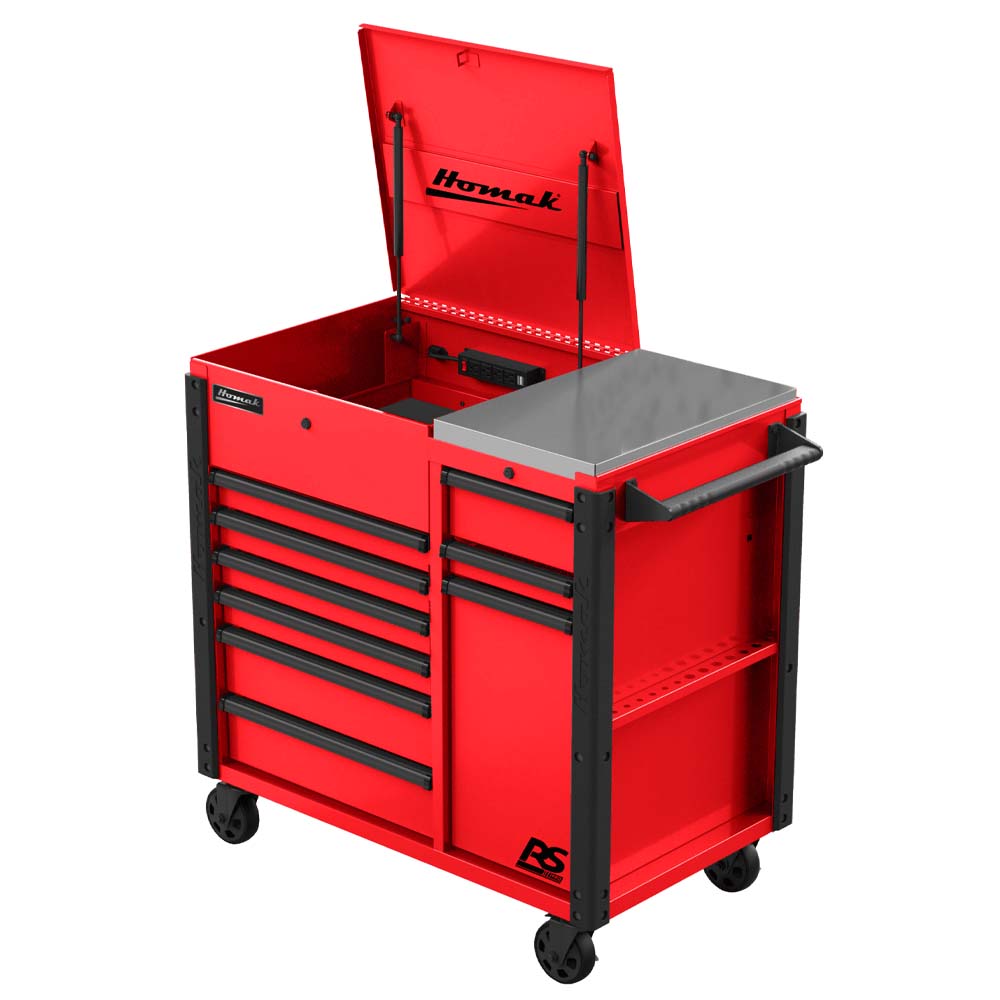 Red Homak 44 RS Pro 9-Drawer Power Service Cart, A Stainless Steel Work Surface On Top, And Wheels At The Bottom