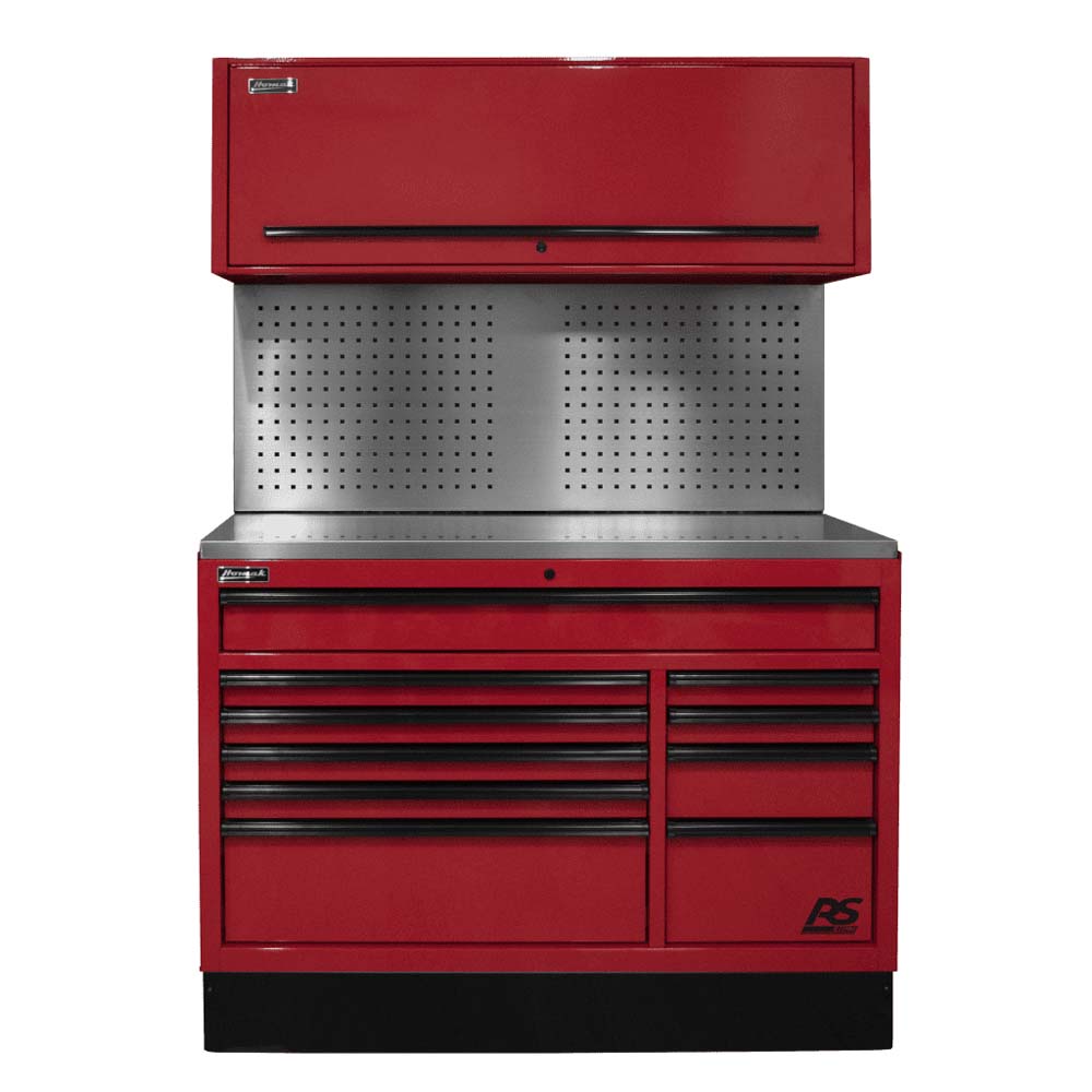 Red Homak 54 Inch CTS With A Single Upper Storage Cabinet And A Perforated Metal Back Panel