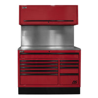 Red Homak 54 Tool Box With A Single Upper Storage Cabinet And A Solid Metal Back Panel