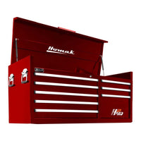 Red Homak 56 8-Drawer Top Chest With A Hinged Lid Open Featuring Silver Handles And Drawer Pulls And Side Handles