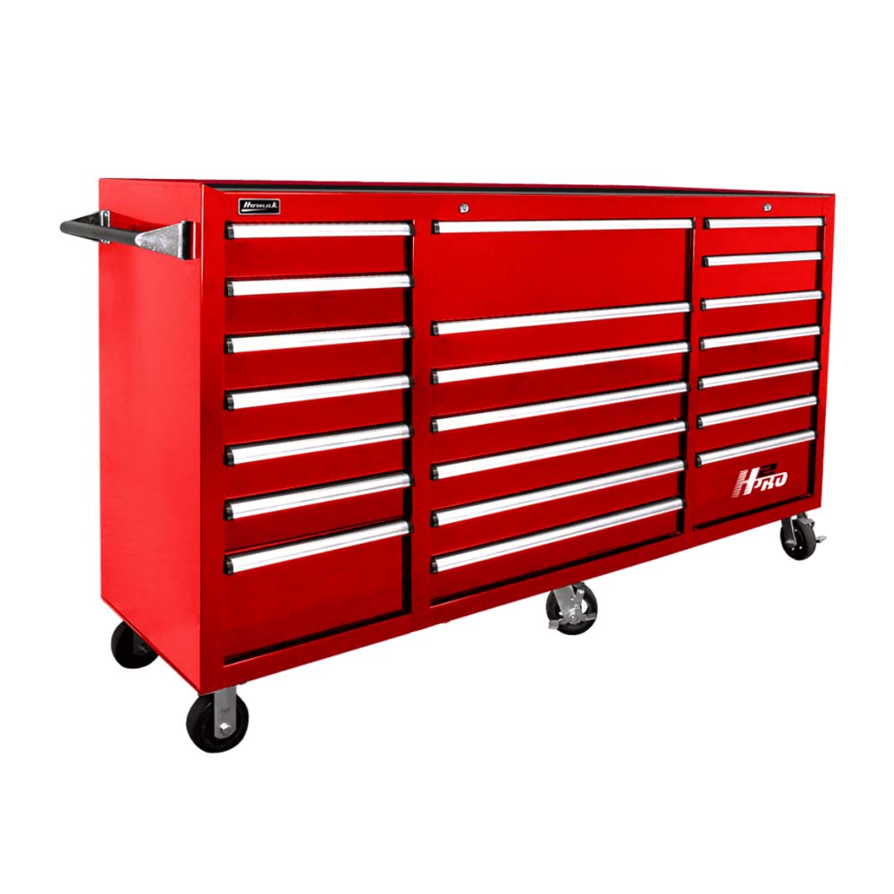Red Homak 72 21-Drawer Roller Cabinet And A Handle On The Left Side