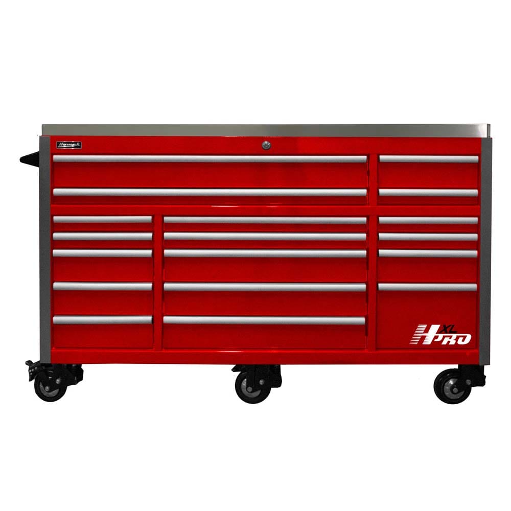 Red Homak 72 Big Dawg Pro Series Roller Cabinet With Multiple Drawers Of Varying Sizes, Chrome Handles, A Stainless Steel Top Surface, And Heavy Duty Casters