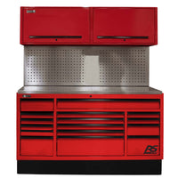 Red Homak 72 Inch CTS Set Toolbox With Upper Storage Cabinets And A Perforated Metal Back Panel