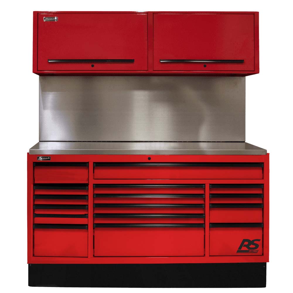 Red Homak 72 Inch CTS Set With Upper Storage Cabinets And A Solid Metal Back Panel