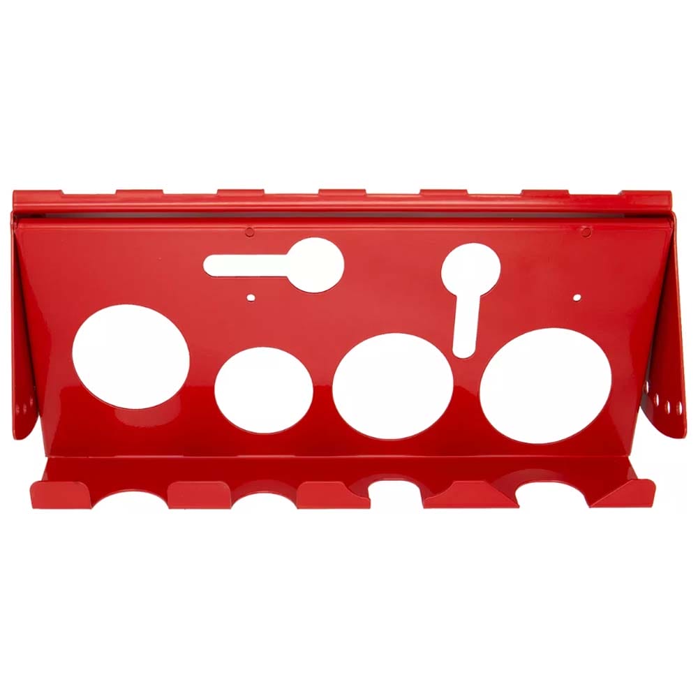 Red Metal Tool Holder With Multiple Circular And Keyhole Shaped Cutouts