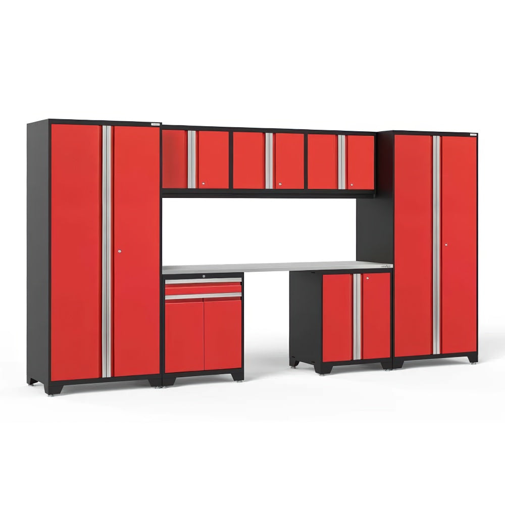 Red Modular Garage Cabinet Set With Two Tall Lockers Upper Cabinets Long Worktop And Mixed Base Storage