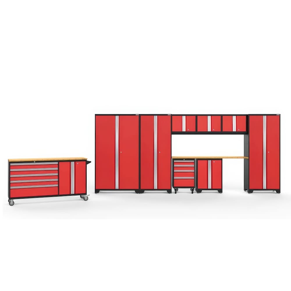 Red Modular Garage Cabinet System With Tall Lockers Wall Cabinets Wood Worktops A Central Workstation And A Mobile Tool Chest With Drawers On Casters