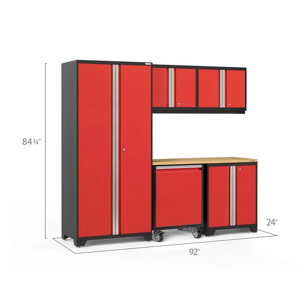 Red Modular Garage Cabinet System With Wood Worktop Rolling Drawer And Overall Height Width And Depth Dimensions Displayed