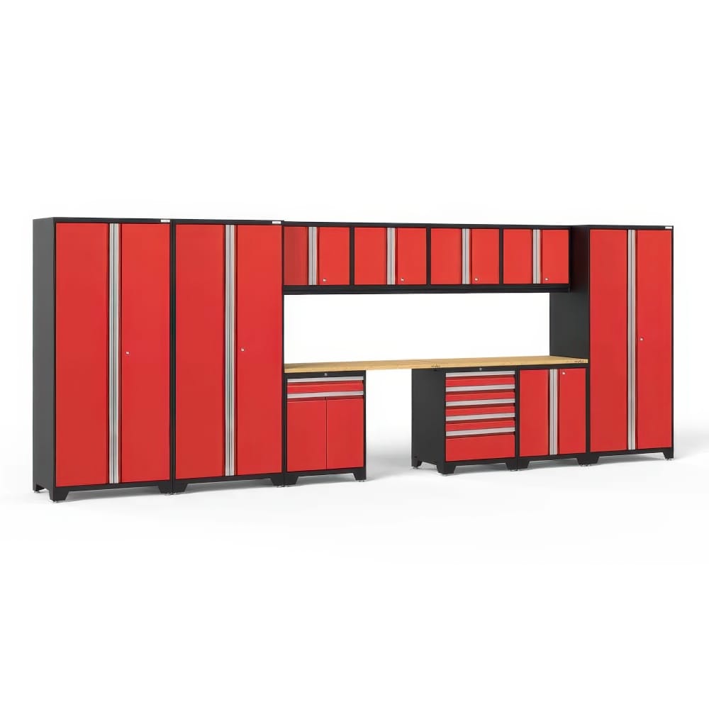 Red Modular Garage Cabinets With Wood Workbench Tall Pantry Towers Upper Storage And Rolling Tool Drawers