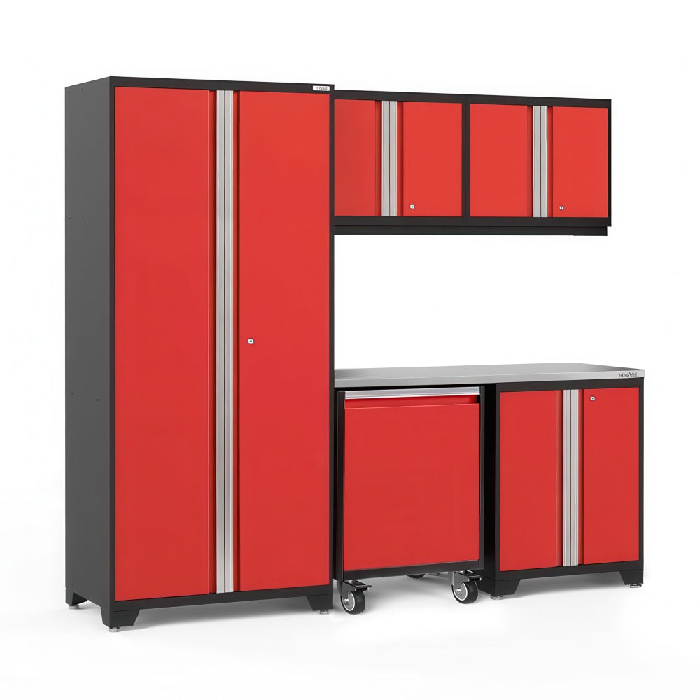 Red Modular Garage Storage System With Tall Locker Overhead Cabinets Worktop And Rolling Base Cabinet On Casters