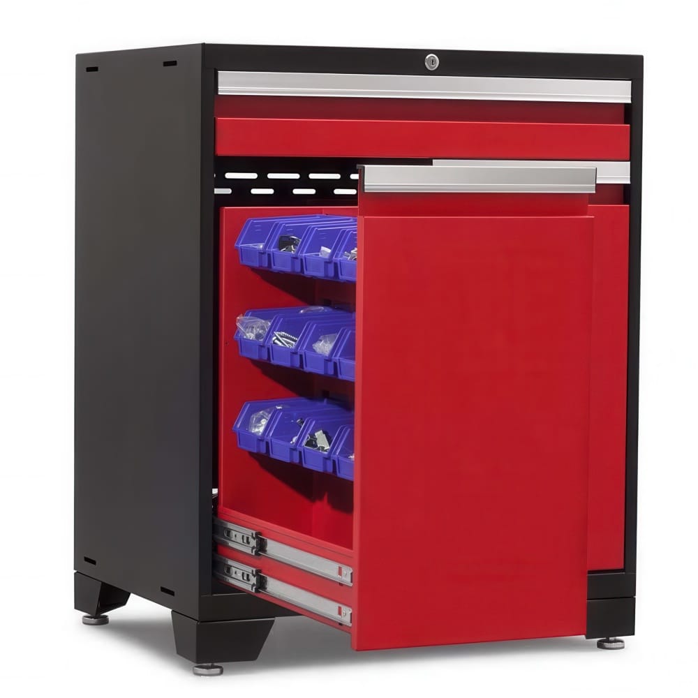 Red Pull Out Storage Panel In Black Garage Cabinet Reveals Rows Of Blue Bins Filled With Sorted Screws And Fasteners