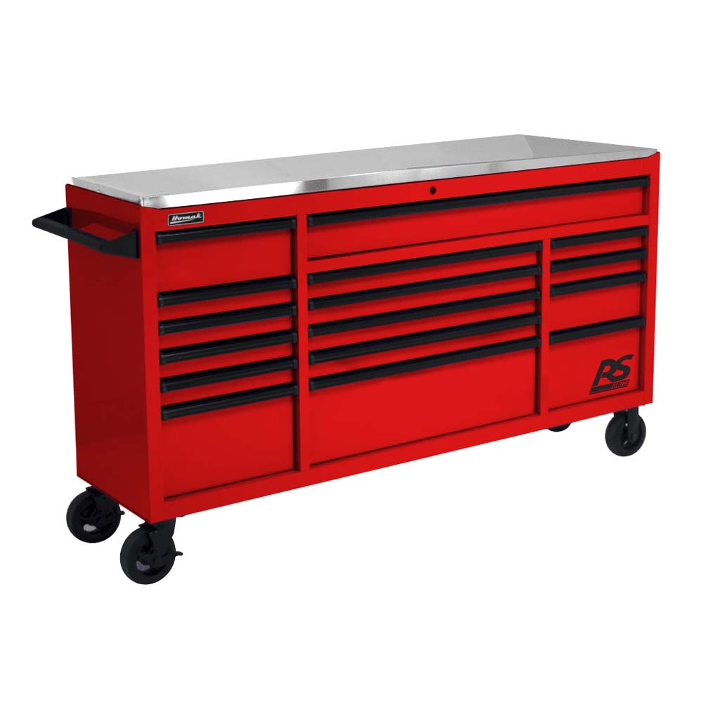 Red RS Pro 16-Drawer Roller Cabinet Homak 72 And A Stainless Steel Top, Featuring A Handle On The Left Side