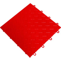 Red Race Deck Garage Flooring With A Diamond Patterned Textured Surface And Raised Edges Featuring Interlocking Tabs