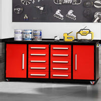 Red Rolling Workbench Cabinet With Ten Drawers And Two Locking Doors