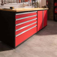 Red Tool Storage Drawer Cabinet With Wood Worktop Sitting Beneath A Wall Of Hanging Garage Tools