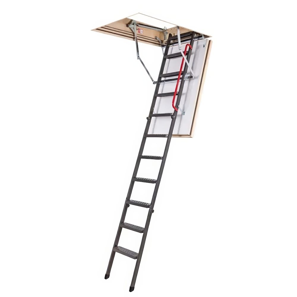 Retractable Attic Ladder With A Red Safety Handrail Extended Down From A Ceiling Hatch
