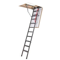 Retractable Attic Ladder With A Red Safety Handrail Extended Down From A Ceiling Hatch