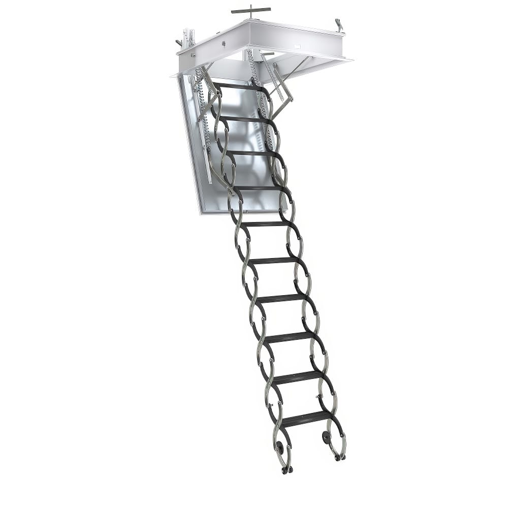 Retractable Attic Ladder With A Scissor-Style Mechanism Extending From A White Insulated Ceiling Hatch Frame
