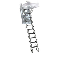 Retractable Attic Ladder With A Scissor-Style Mechanism Extending From A White Insulated Ceiling Hatch Frame