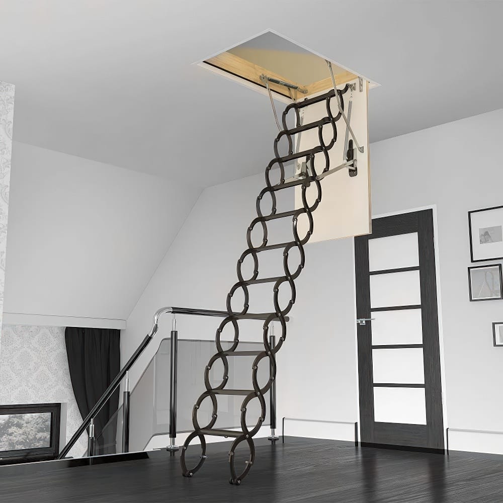 Retractable Attic Ladder With A Unique Circular-Link Design Fully Extended From A Ceiling Hatch