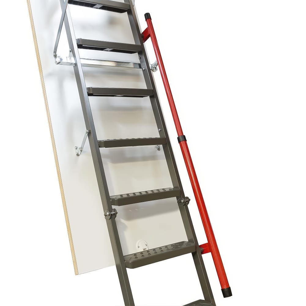Retractable Metal Attic Ladder With Perforated Steps And A Red Safety Handrail Mounted To A White Attic Hatch Door