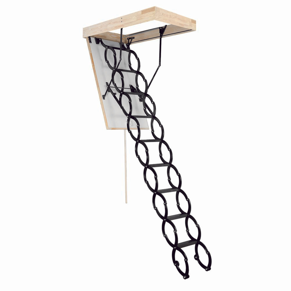 Retractable Metal Scissor Ladder Extended From A Ceiling Attic Hatch With Wooden Frame