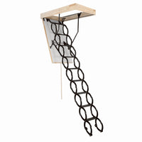 Retractable Metal Scissor Ladder Extended From A Ceiling Attic Hatch With Wooden Frame