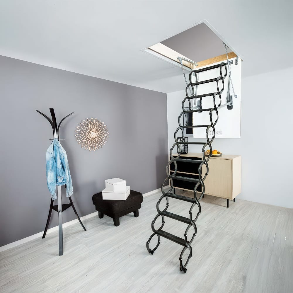 Angled Retractable Ladder FAKRO LST Insulated Scissor Attic Ladder – Compact & Airtight