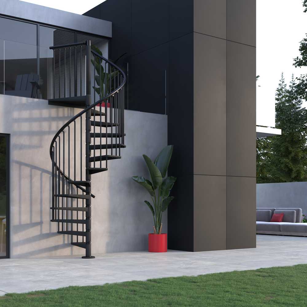 Rintal Exterior Zink Black Galvanized Outdoor Spiral Staircase Kit 13 Steps Side View 