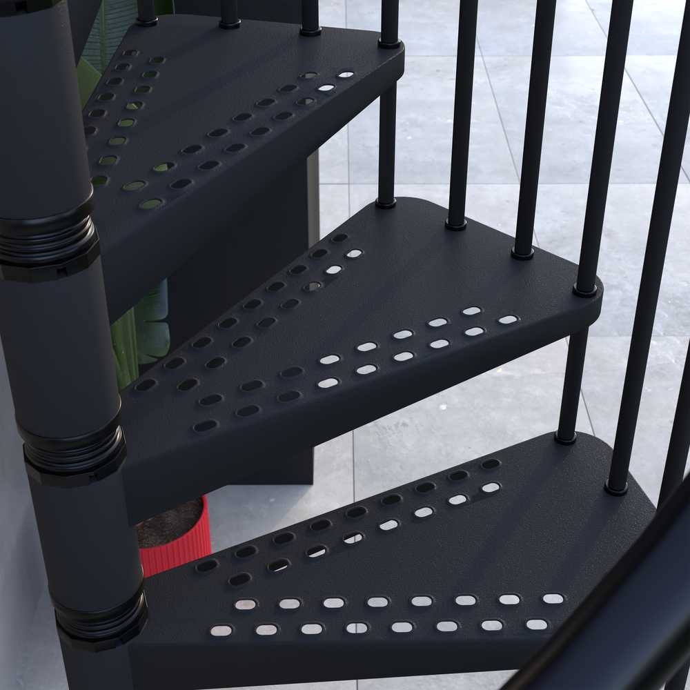 Rintal Exterior Zink Spiral Stair Closeup Anti Slip Galvanized Treads Black Balusters 
