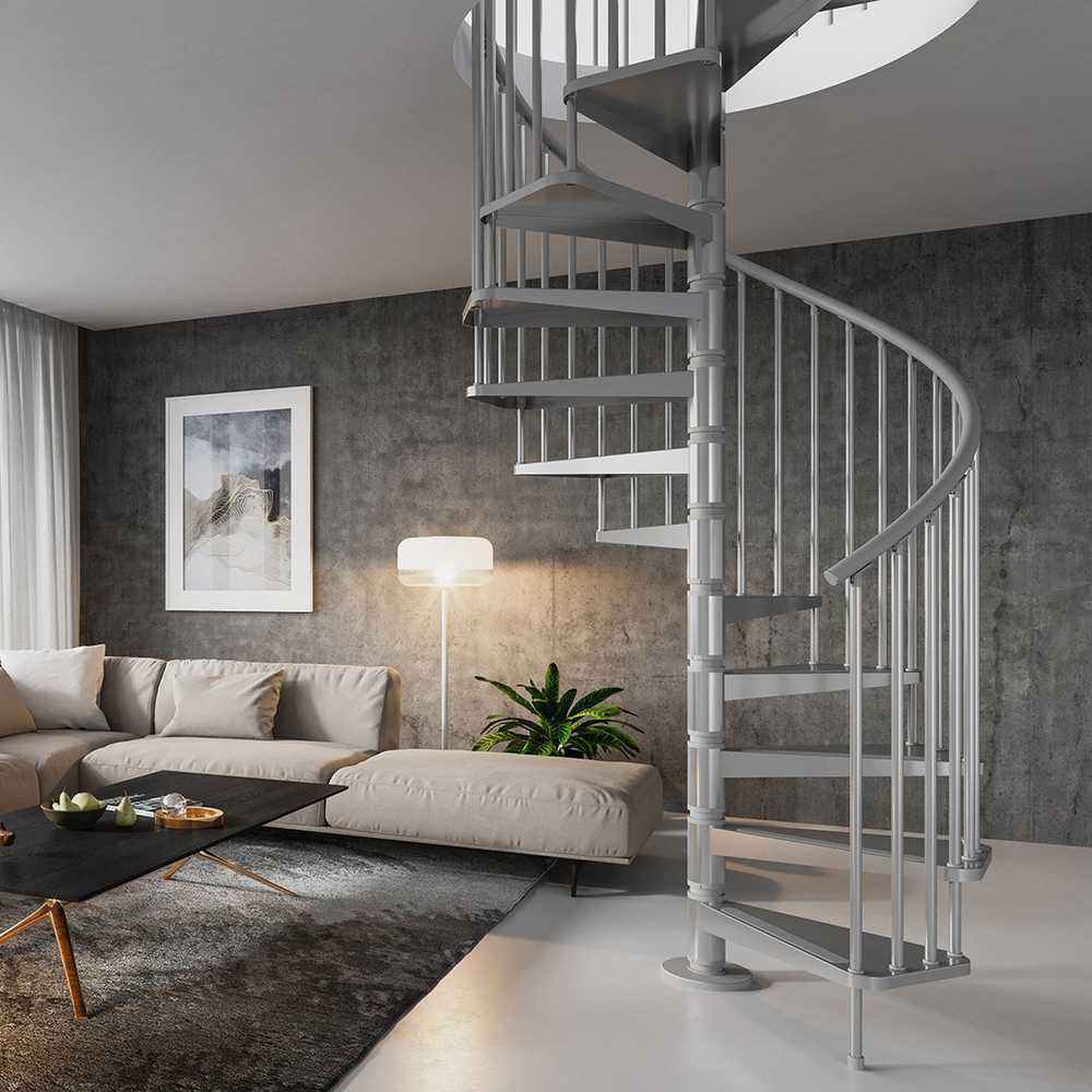 Rintal Gamia Metal Silver Gray Spiral Staircase In A Living Room
