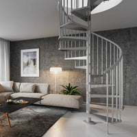 Rintal Gamia Metal Silver Gray Spiral Staircase In A Living Room
