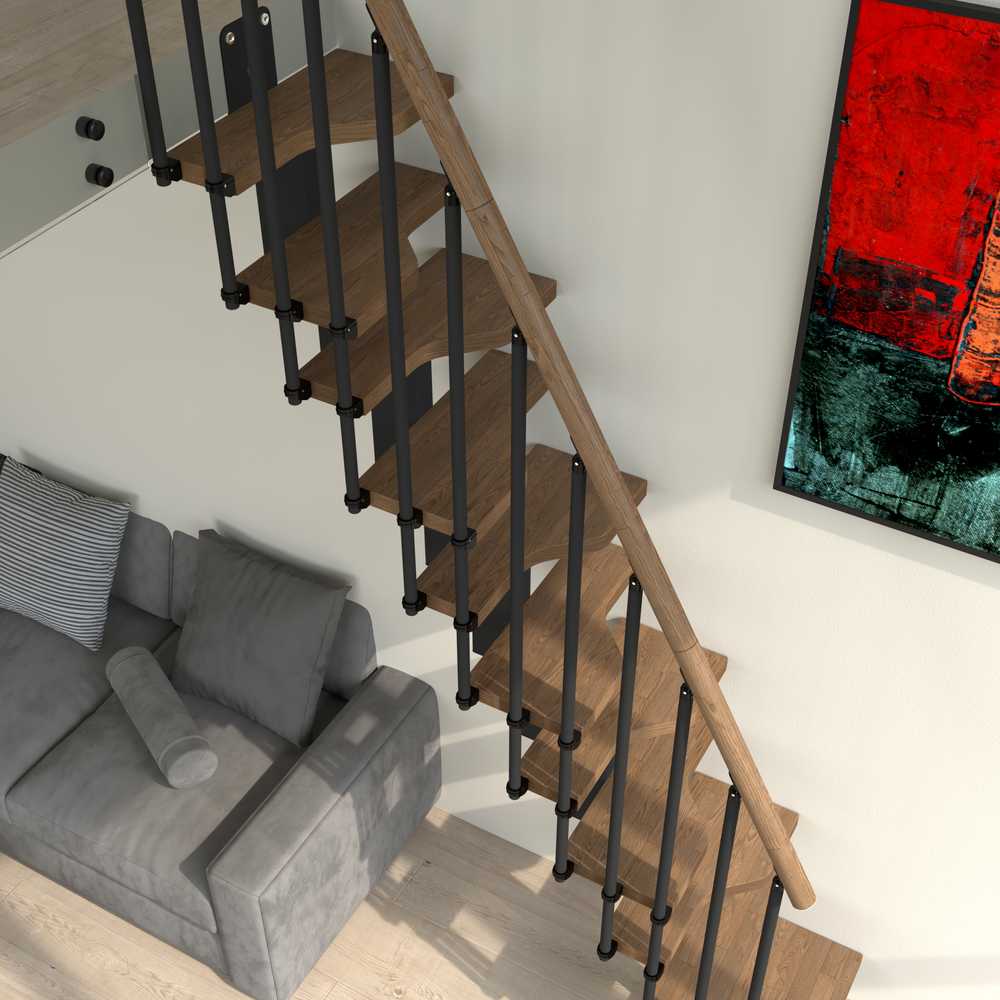 Rintal Mini Alternating Tread Staircase Kit Walnut Beech Steps Dark Steel Frame Straight