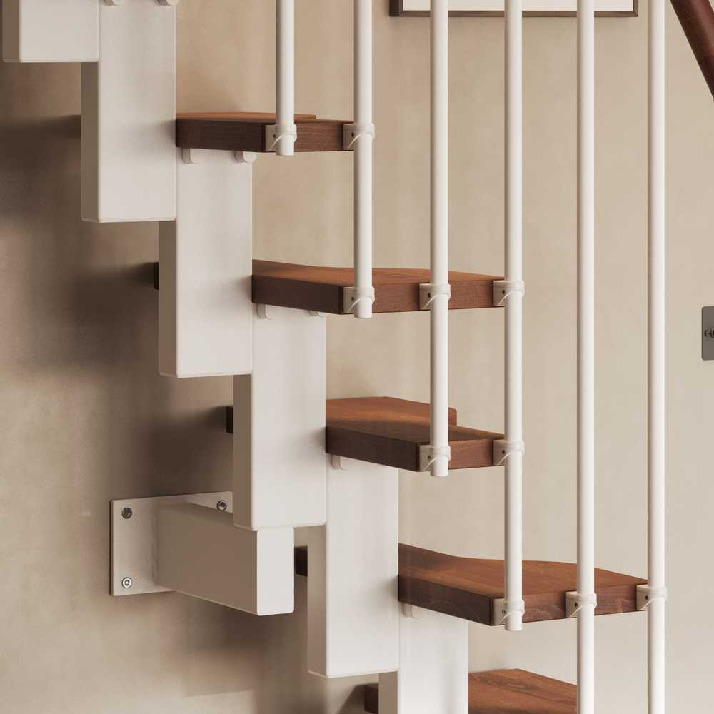 Rintal Mini Space Saving Stair Closeup Staggered Solid Beech Treads Inside Railing