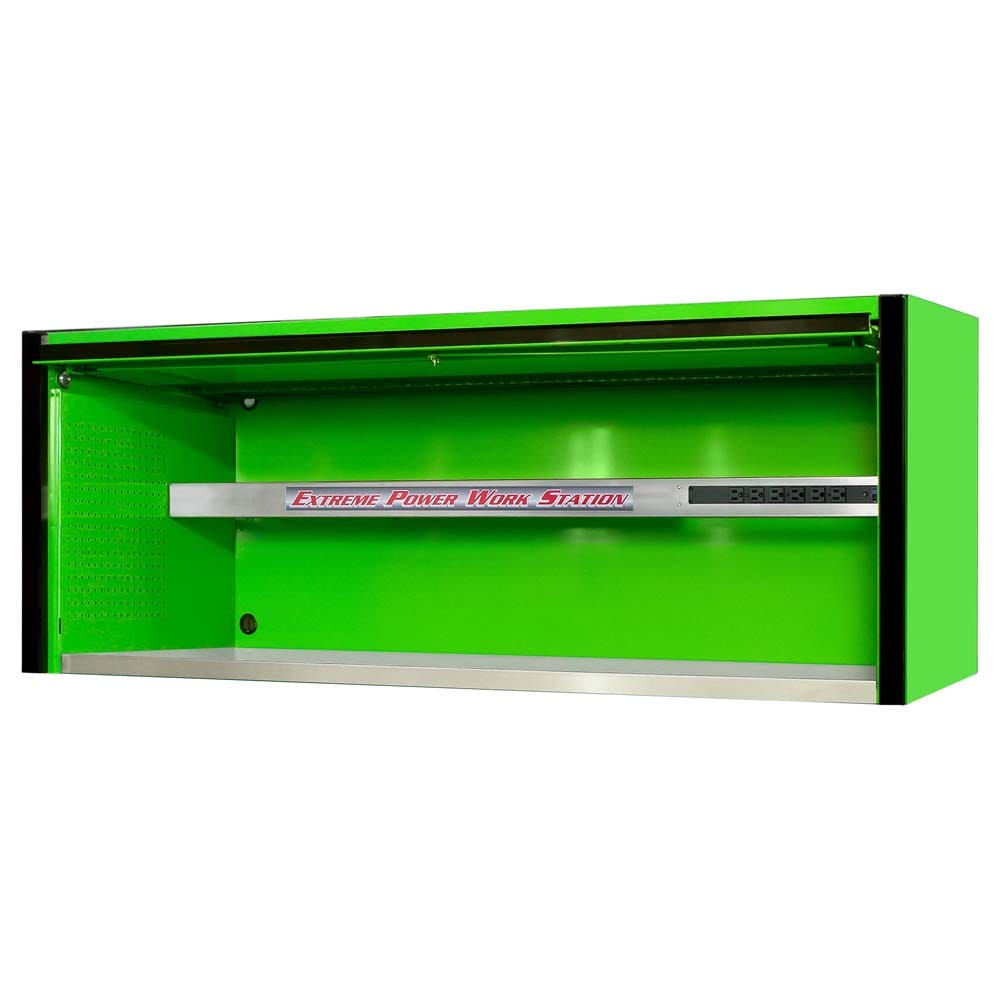 Roll Cab Hutch By Extreme Tools In Green With A Black Trim And Open Door Featuring A Spacious Interior And A Power Strip On The Right Side