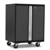 Rolling Black Two Door Storage Cabinet With Tall Silver Handle And Four Locking Caster Wheels
