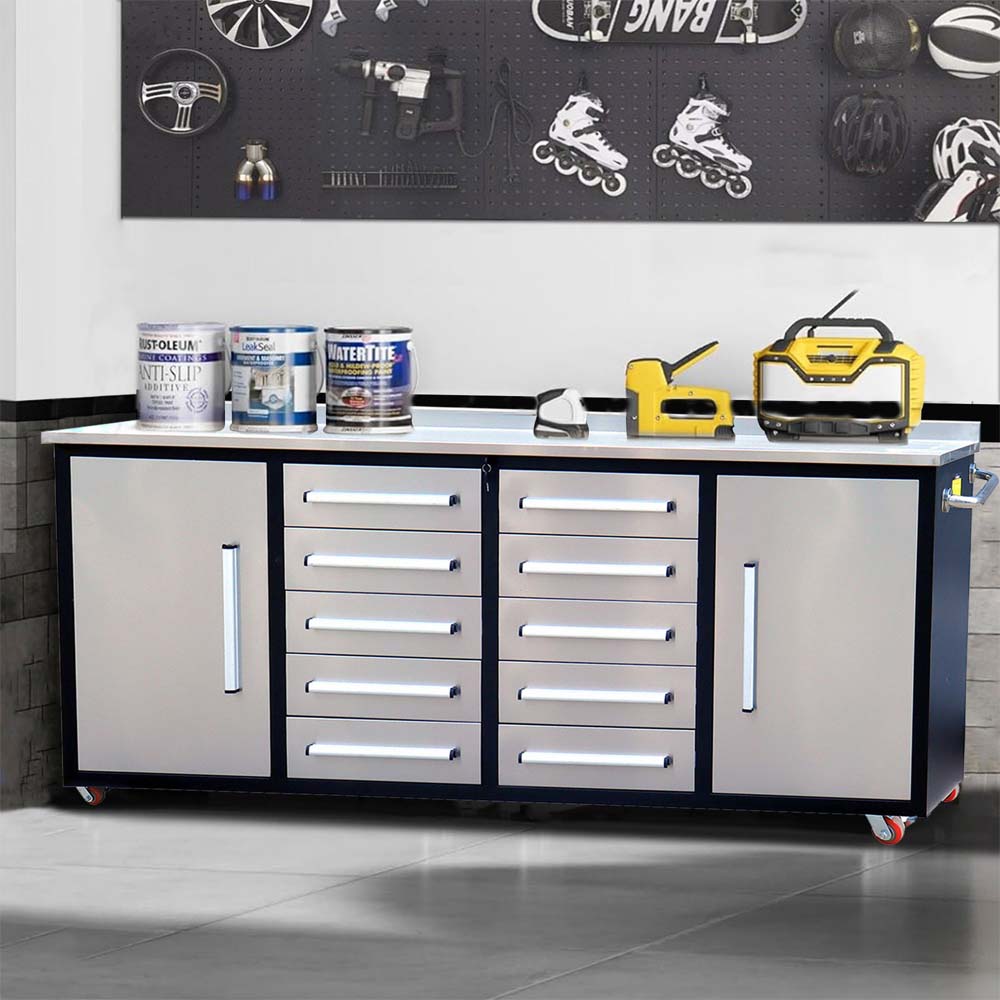 Rolling Garage Workbench With Ten Drawers Two Tall Cabinets And Tools