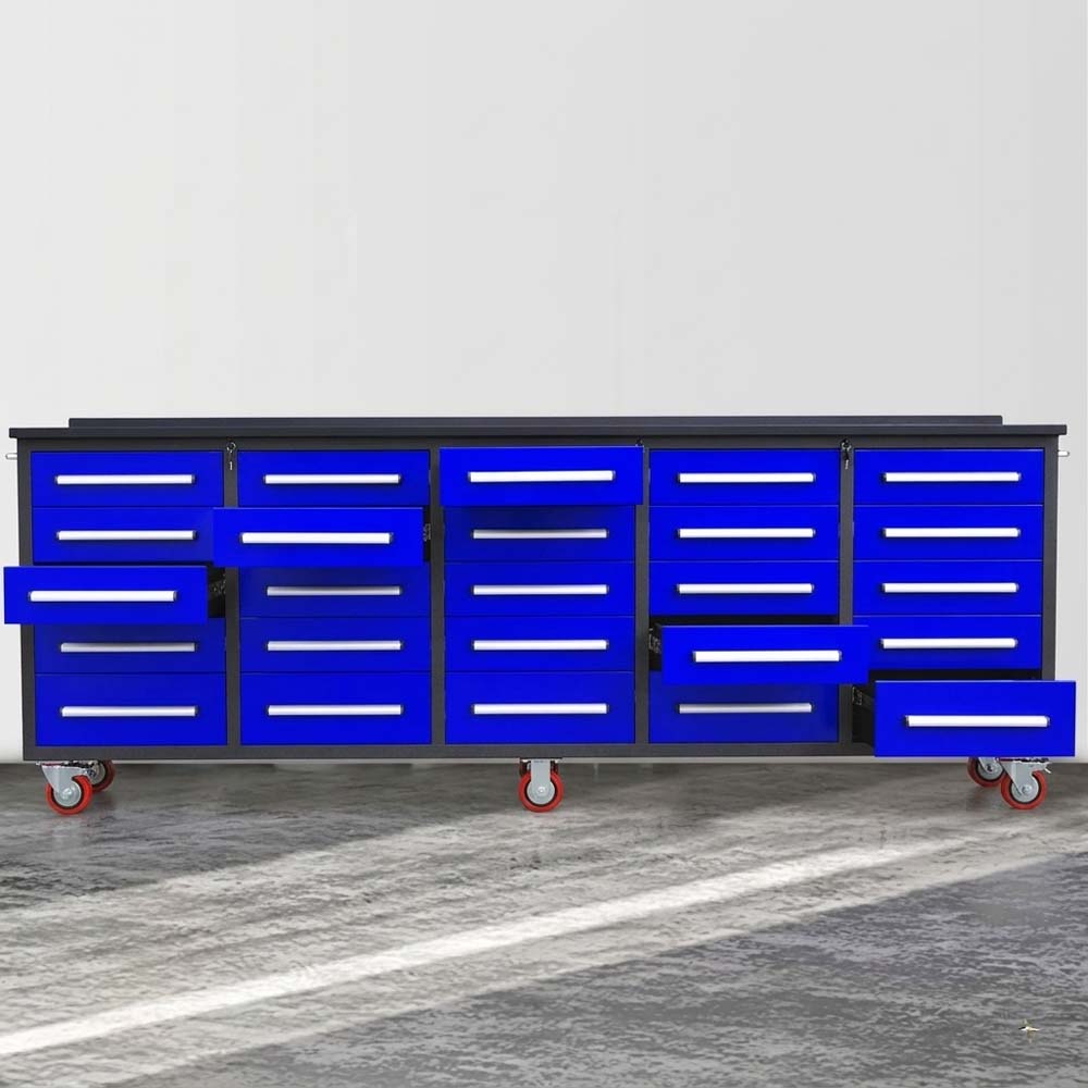 Rolling Tool Workbench With Multiple Drawers Shown With Several Drawers Pulled Open