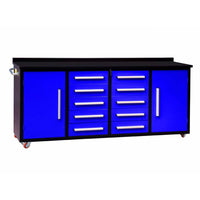 Rolling Workbench Features Two Side Cabinets And Ten Center Drawers With Metal Handles