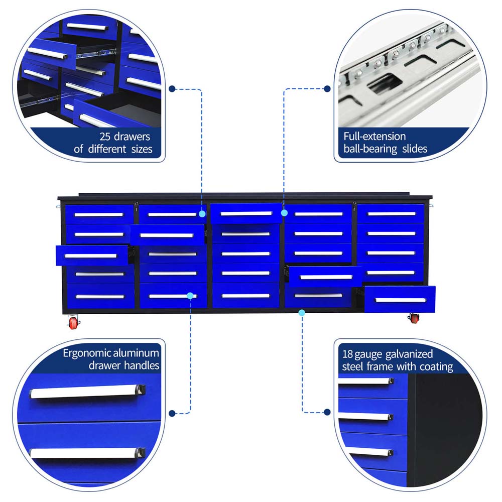 Rolling Workbench Infographic With Callouts For Variable Drawer Sizes