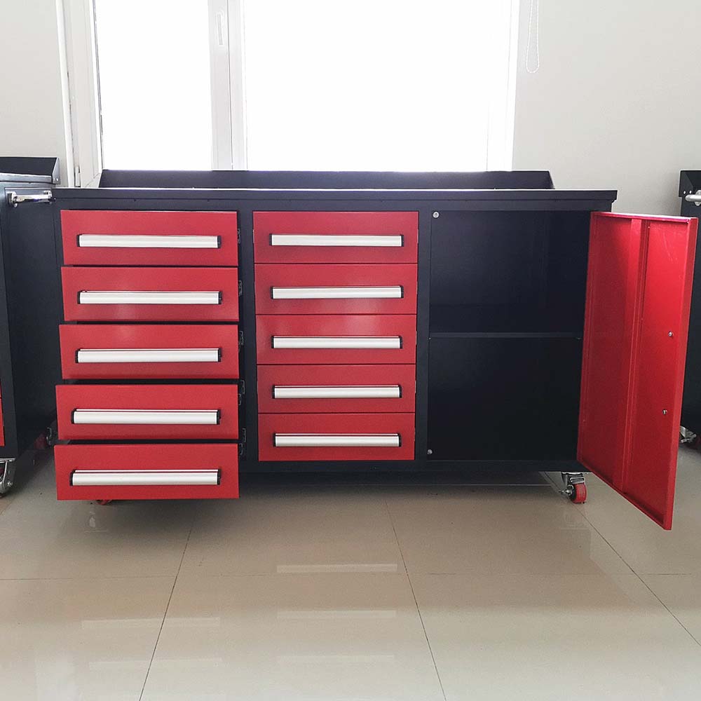 Rolling Workbench With Open Drawers And A Side Cabinet