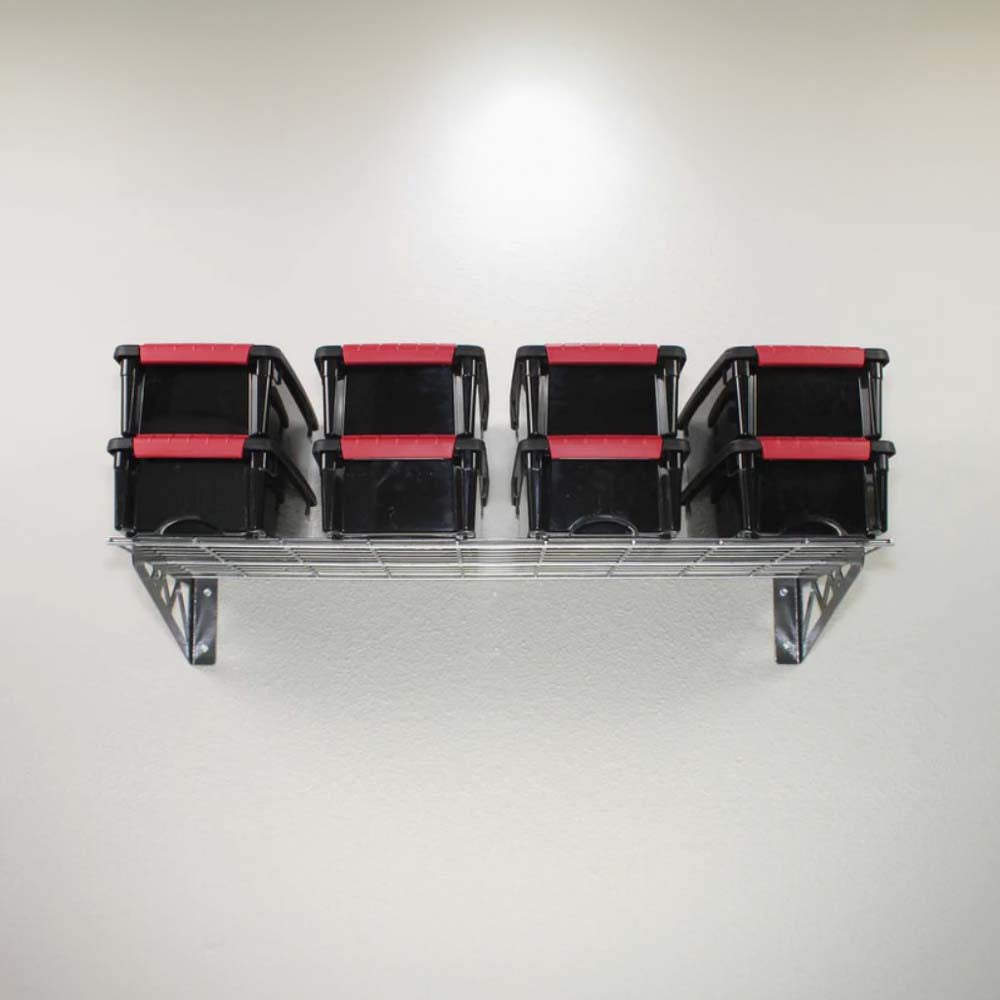 SafeRacks 12 X 36 Wall Shelves Mounted On A Wall Holding Six Small Black Storage Bins With Red Lids