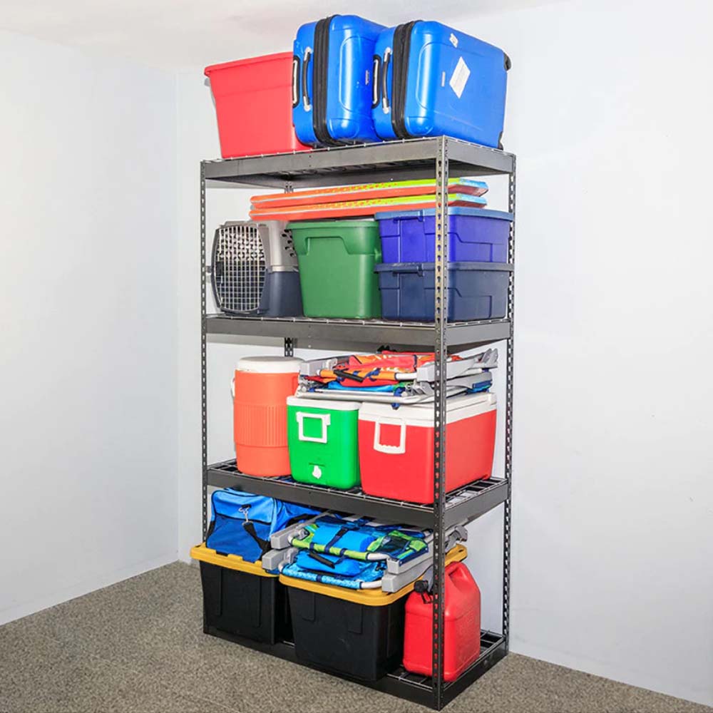 SafeRacks Garage Shelving Rack 24 x 48 x 84 Filled With Various Storage Bins Coolers And Luggage In A Neatly Organized Manner