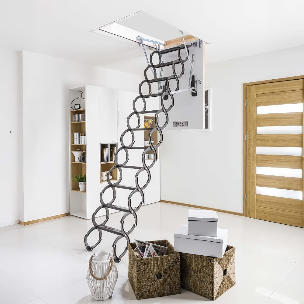 Scissor-Style Attic Ladder Extends Into A Bright White Room With Wooden Accents