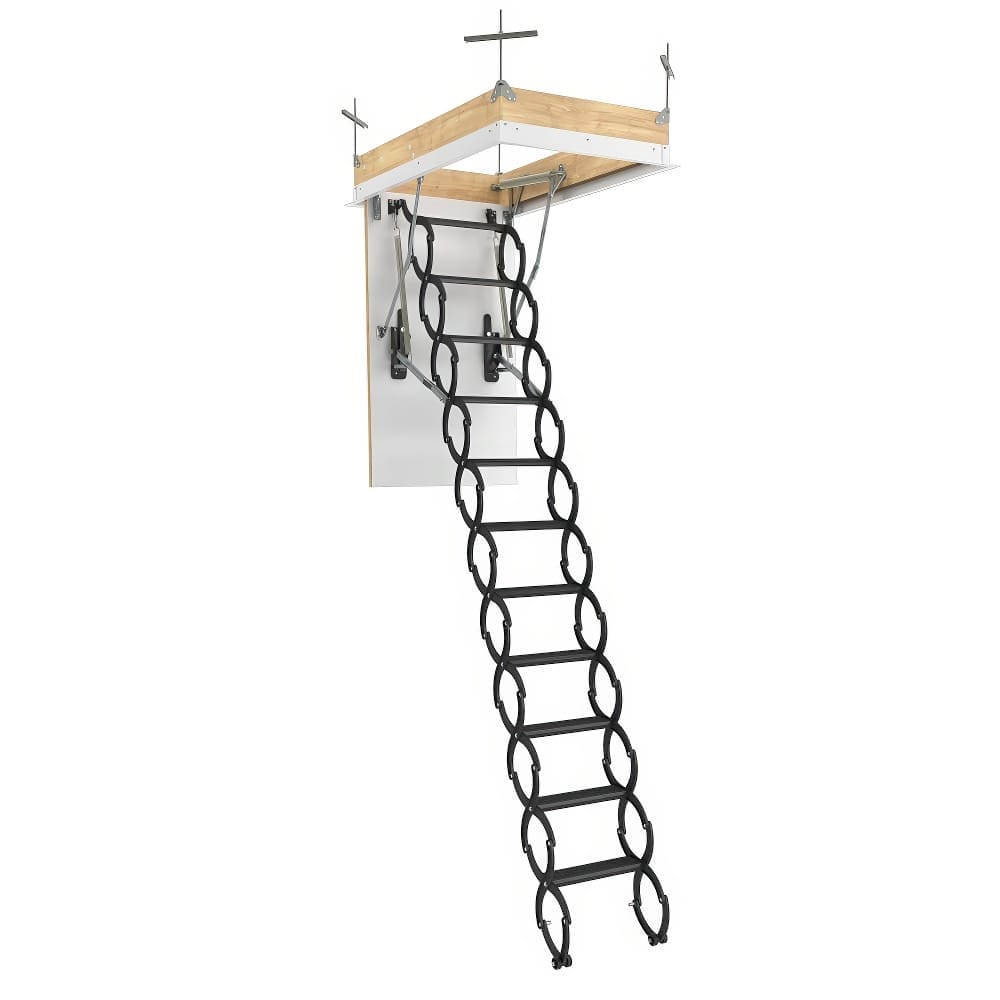 Scissor-Style Retractable Attic Ladder Extended From A Ceiling Opening Supported By A Wooden Frame And Metal Hardware
