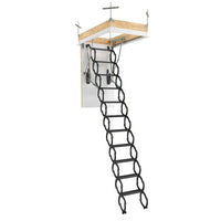 Scissor-Style Retractable Attic Ladder Extended From A Ceiling Opening Supported By A Wooden Frame And Metal Hardware