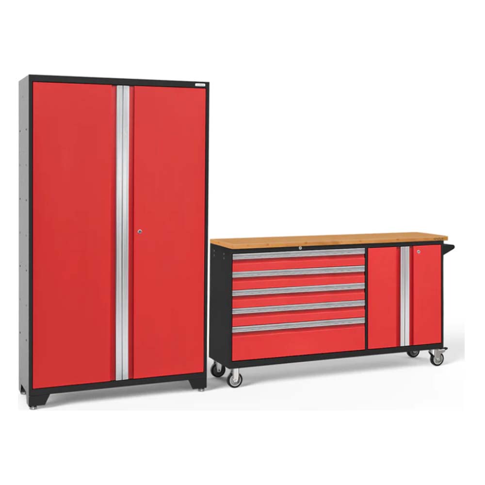 Set Of Red Storage Units Including A Tall Cabinet With Double Doors And A Rolling Workbench