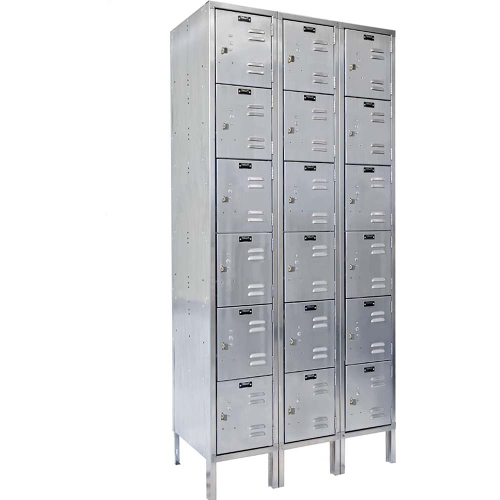Set Of Three 3 Wide Six Tier Locker Unassembled 304 Stainless Steel Each With Multiple Compartments And Individual Locks