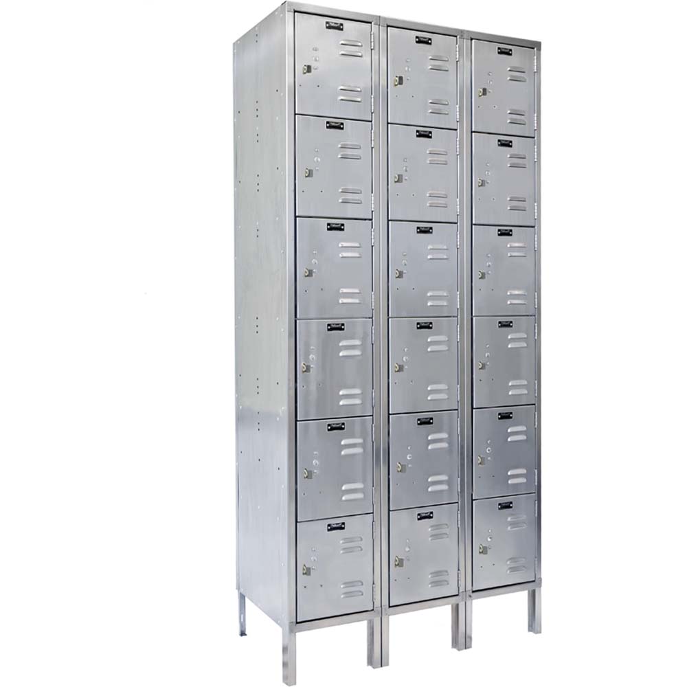 Set Of Three Hallowell Six Tier Stainless Steel Locker 54W x 18D x 78H Each With Multiple Small Compartments And Individual Locks