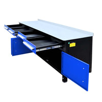 Side Angle View Of A Black Workbench With Blue Drawers Pulled Out And Cabinet Doors Open